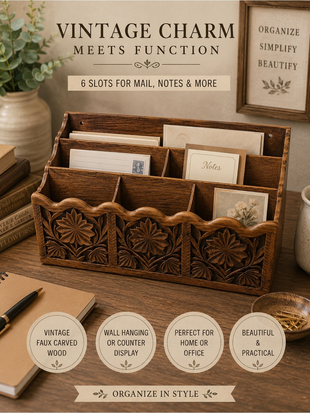 Vintage Carved Wood Mail & Desk Organizer - Brown